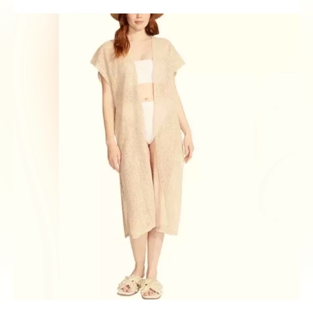 Steven Madden Women's Open Weave Short-Sleeve Kimono beige Cover Up OSFM